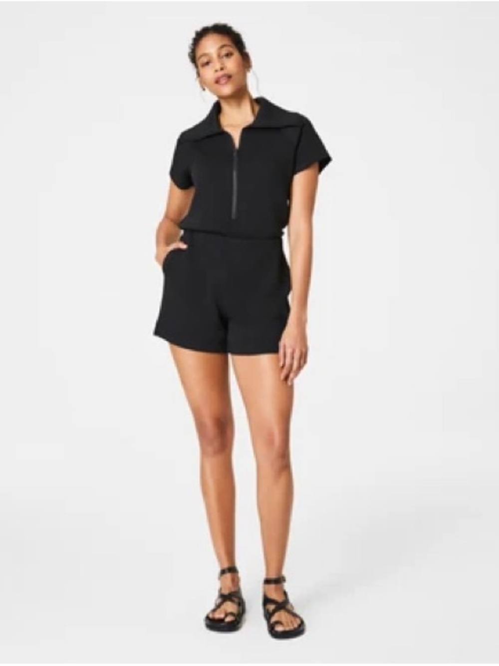 SPANX Black Short Sleeve Romper with Front Zip